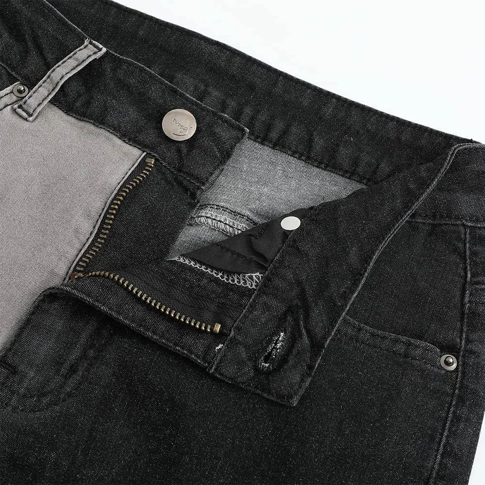 THUNDER STAR Women Patchwork Flare Jeans Stretch High Waisted Bell Bottom Raw Hem Denim Pants