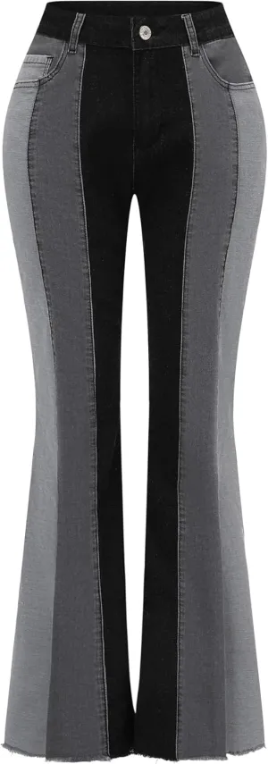 THUNDER STAR Women Patchwork Flare Jeans Stretch High Waisted Bell Bottom Raw Hem Denim Pants