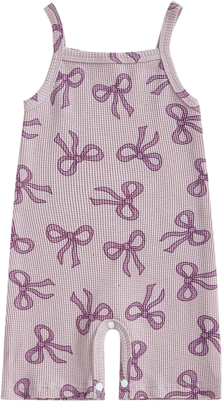 Toddler Baby Girls Summer Casual Romper Waffle Knit Sleeveless Bow Print Shorts Jumpsuit Loose Fit Outfits
