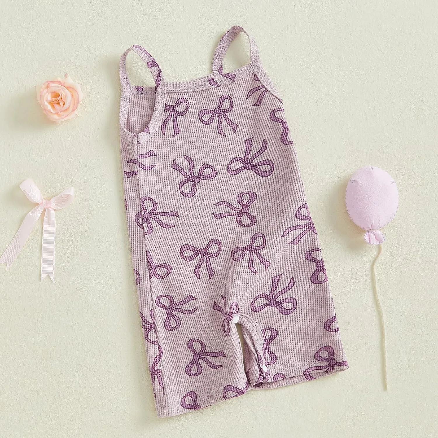 Toddler Baby Girls Summer Casual Romper Waffle Knit Sleeveless Bow Print Shorts Jumpsuit Loose Fit Outfits