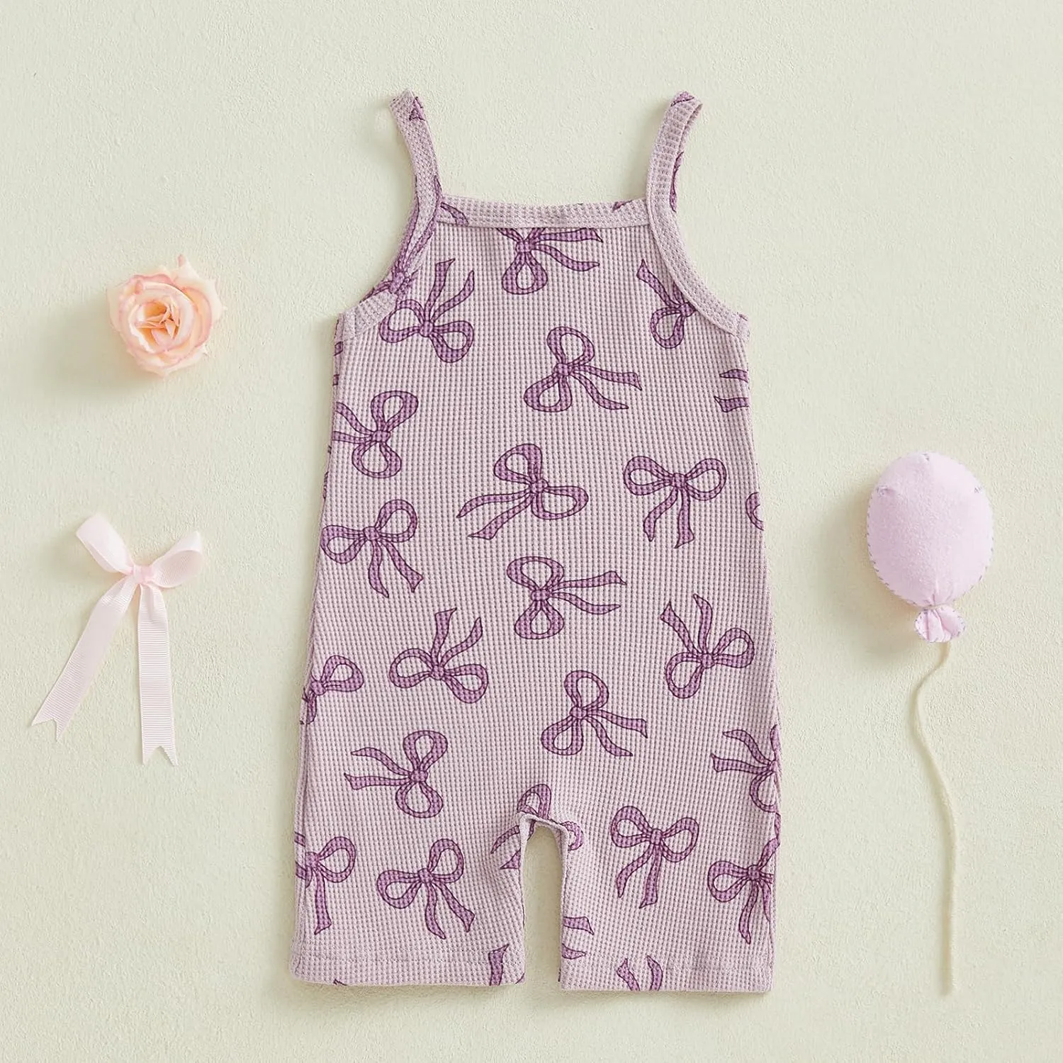 Toddler Baby Girls Summer Casual Romper Waffle Knit Sleeveless Bow Print Shorts Jumpsuit Loose Fit Outfits