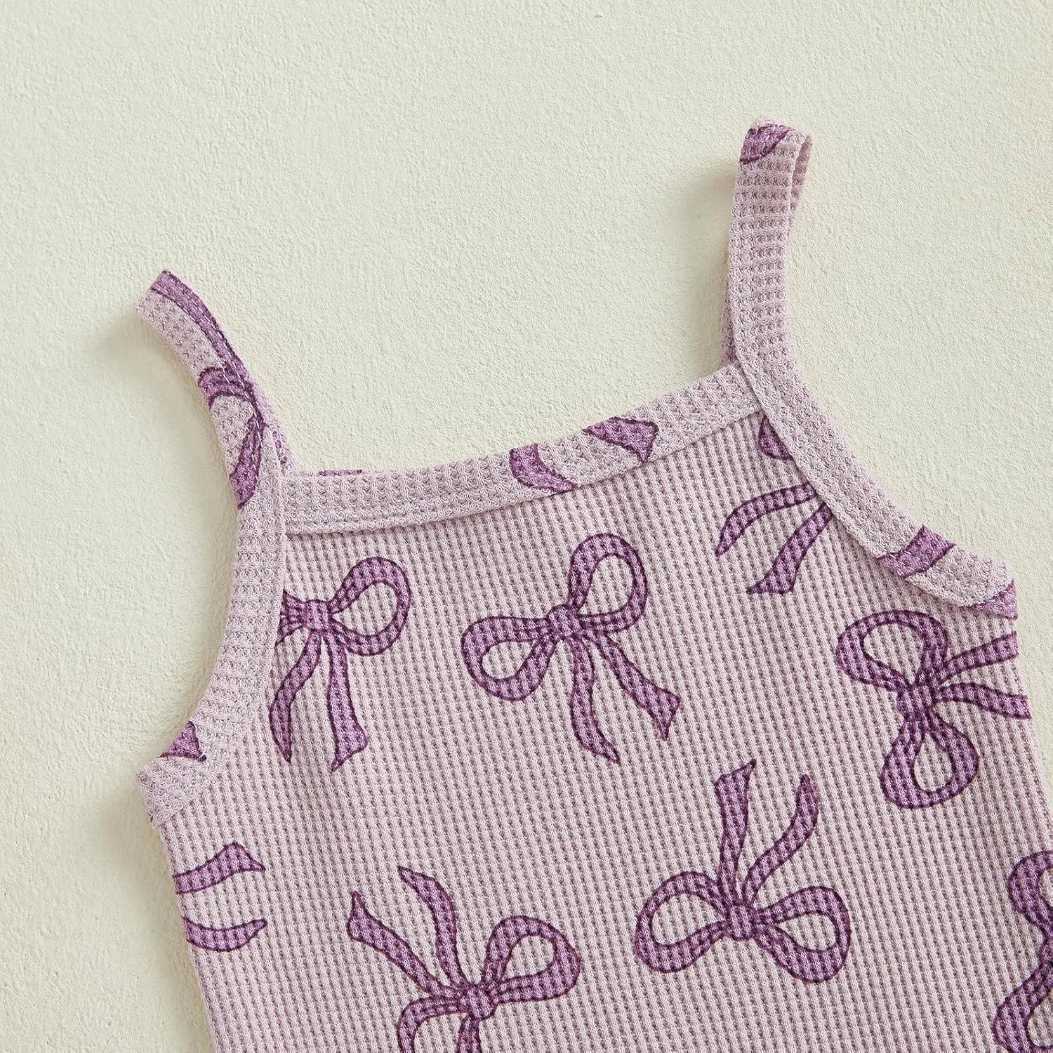 Toddler Baby Girls Summer Casual Romper Waffle Knit Sleeveless Bow Print Shorts Jumpsuit Loose Fit Outfits