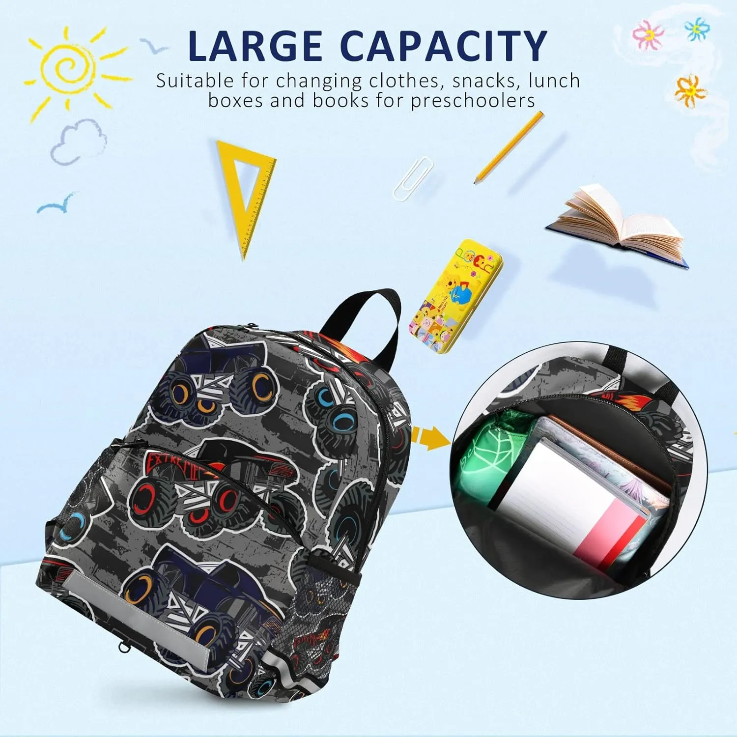 Toddler Boys Backpack Monster HighTruck Cars Preschool Backpack with Safety Leash Chest Clip Nursery Travel Daycare Bag