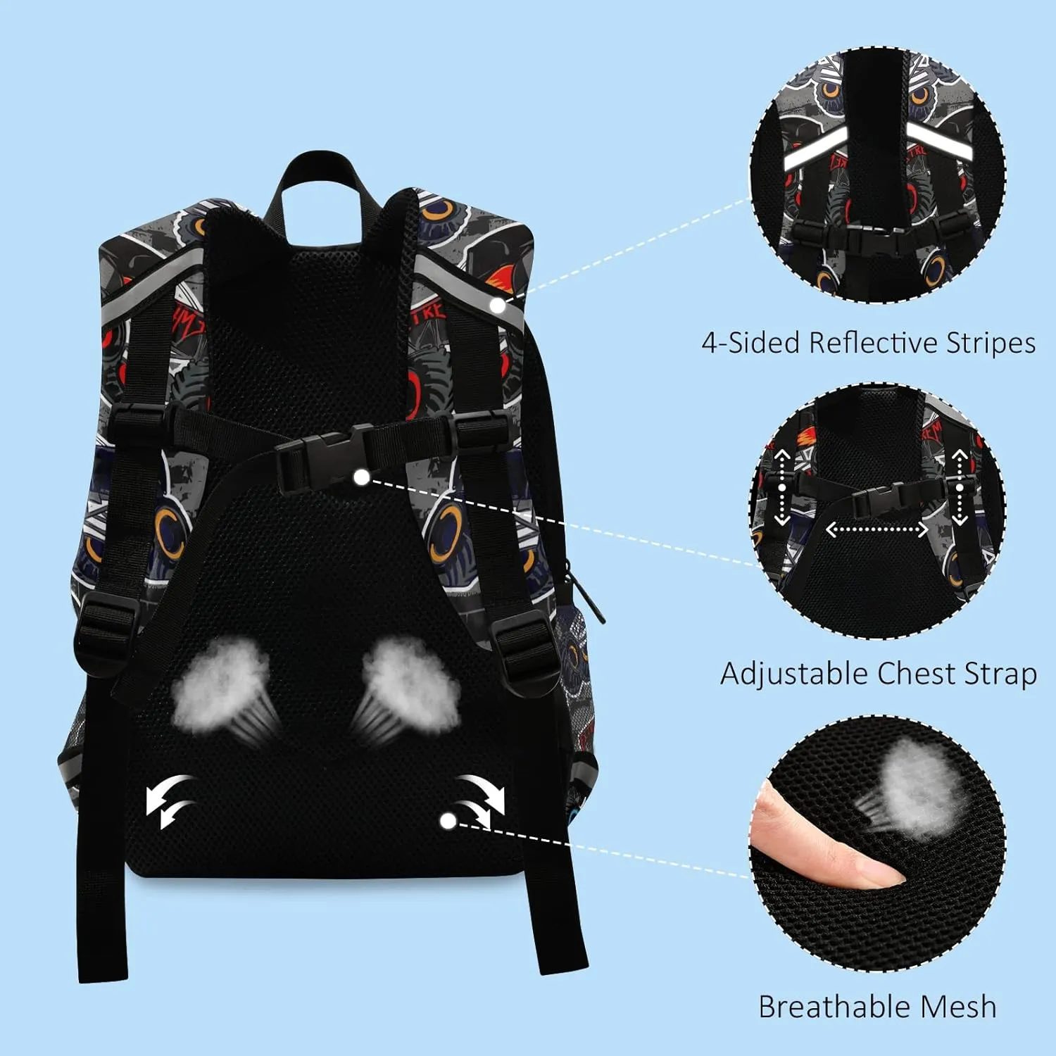 Toddler Boys Backpack Monster HighTruck Cars Preschool Backpack with Safety Leash Chest Clip Nursery Travel Daycare Bag