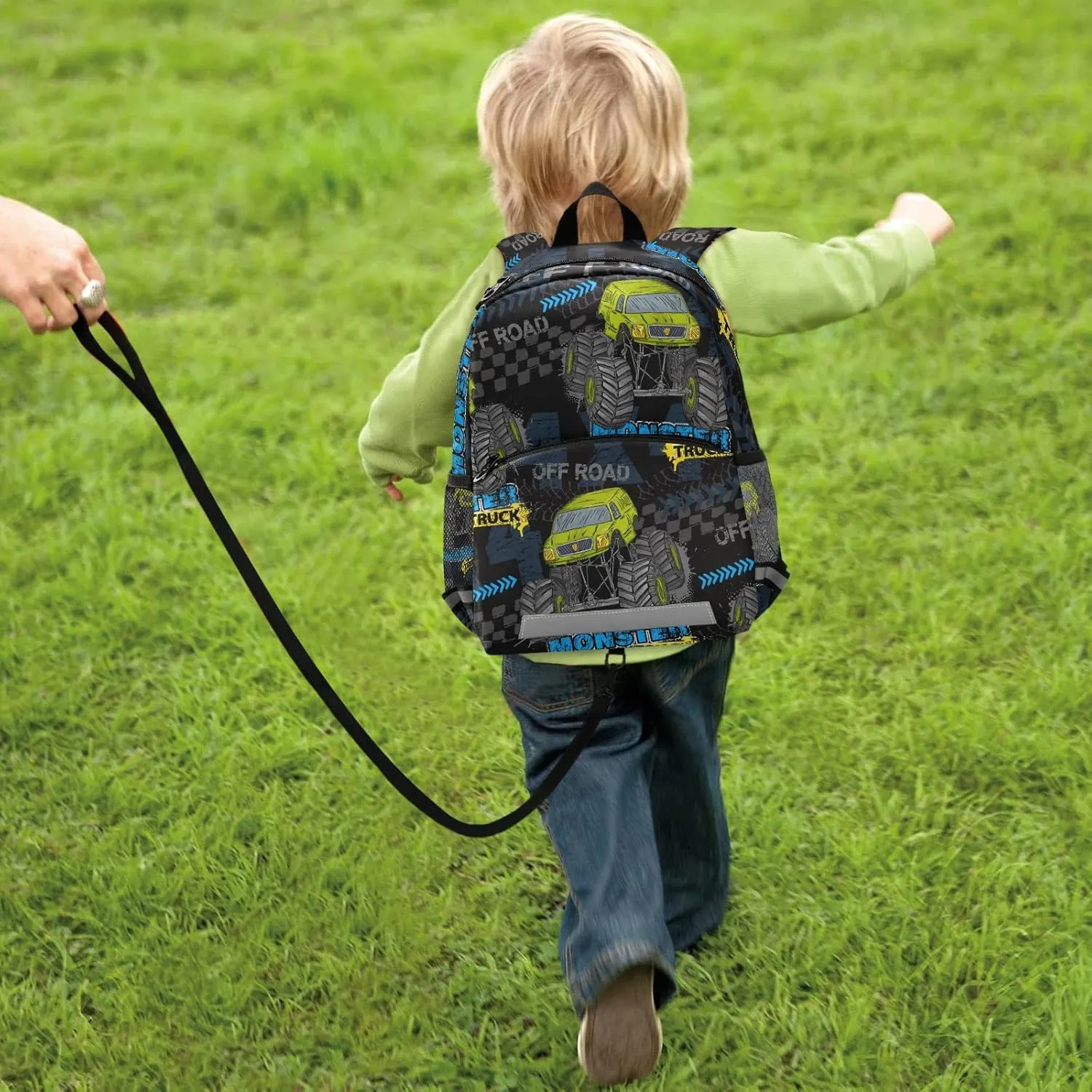 Toddler Kid's Boys Girls Backpack Green Monster Truck Black Bag with Safety Leash Chest Clip Nursery Travel Daycare Bag