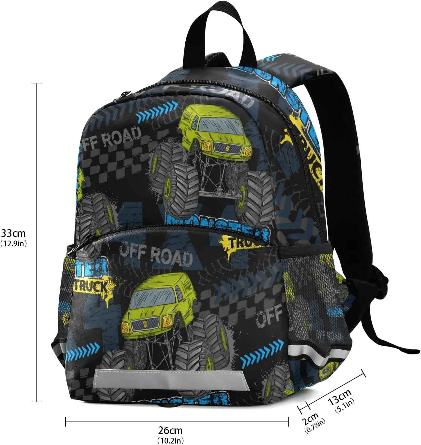 Toddler Kid's Boys Girls Backpack Green Monster Truck Black Bag with Safety Leash Chest Clip Nursery Travel Daycare Bag