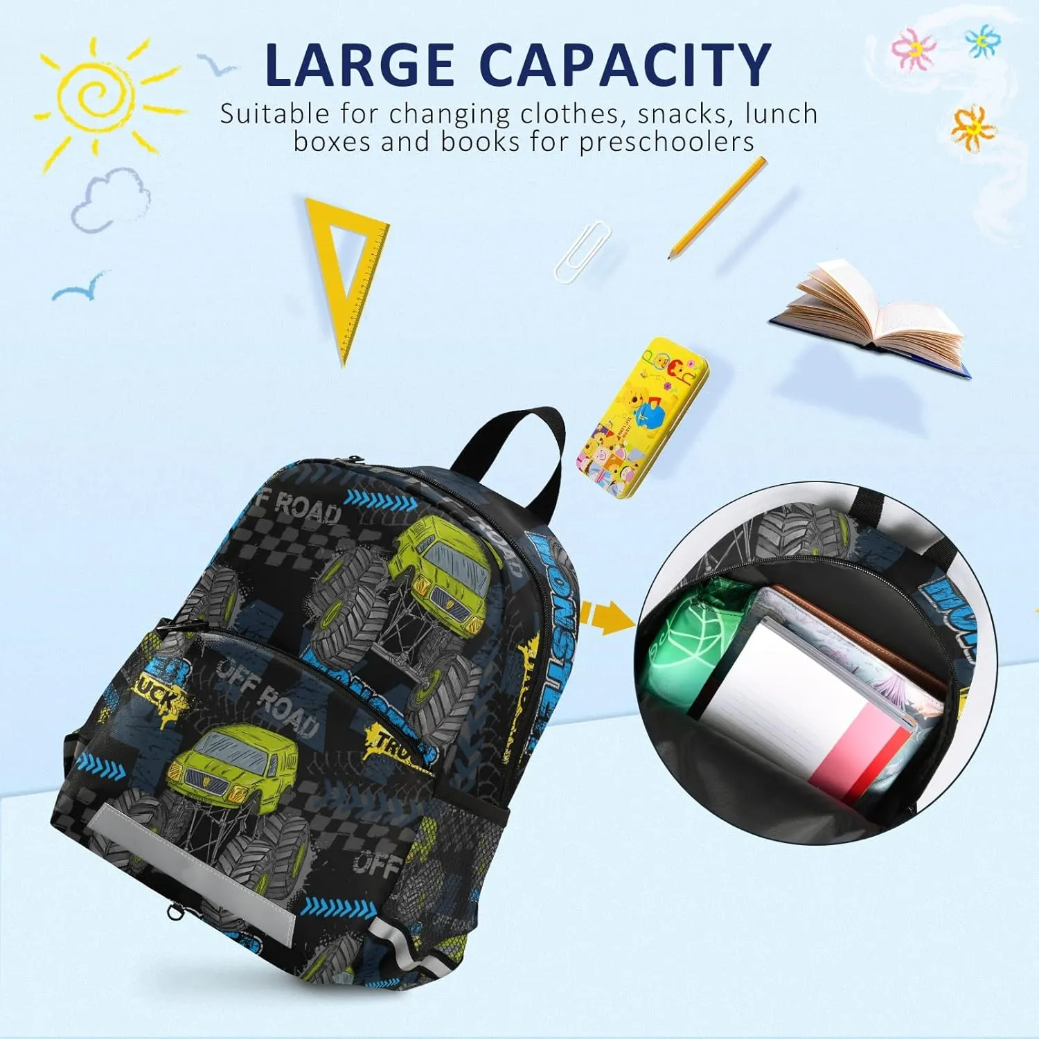 Toddler Kid's Boys Girls Backpack Green Monster Truck Black Bag with Safety Leash Chest Clip Nursery Travel Daycare Bag