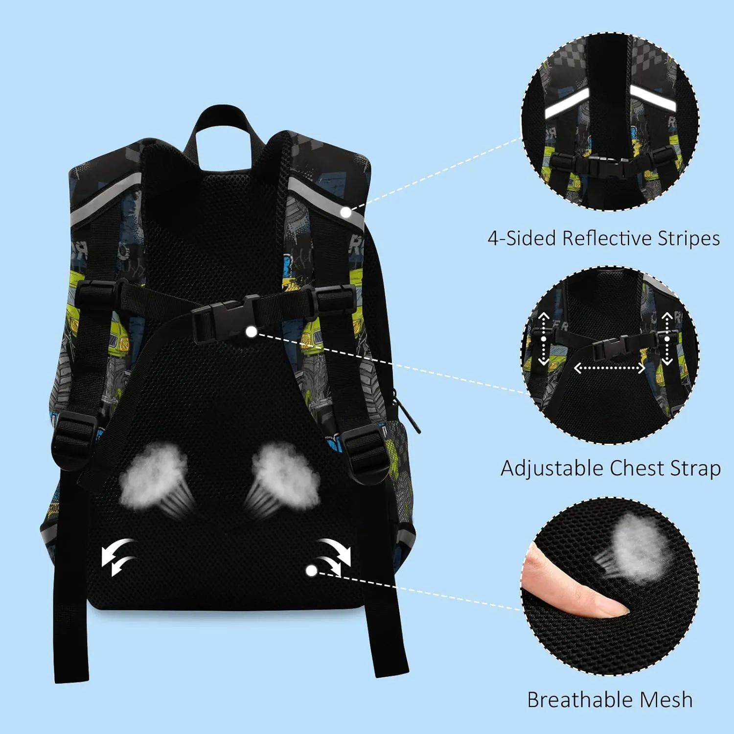 Toddler Kid's Boys Girls Backpack Green Monster Truck Black Bag with Safety Leash Chest Clip Nursery Travel Daycare Bag