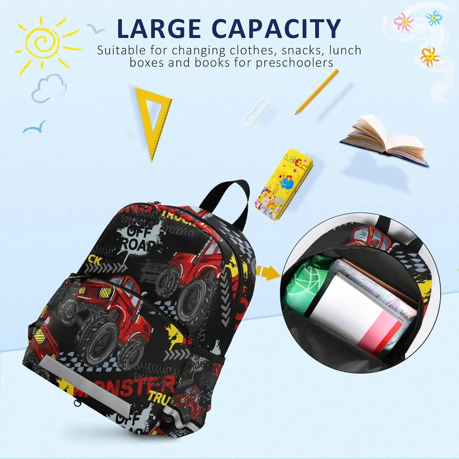 Toddler Kid's Boys Girls Backpack Red Cool Monster Truck off Road Black Bag with Safety Leash Chest Clip Nursery Travel Daycare Bag