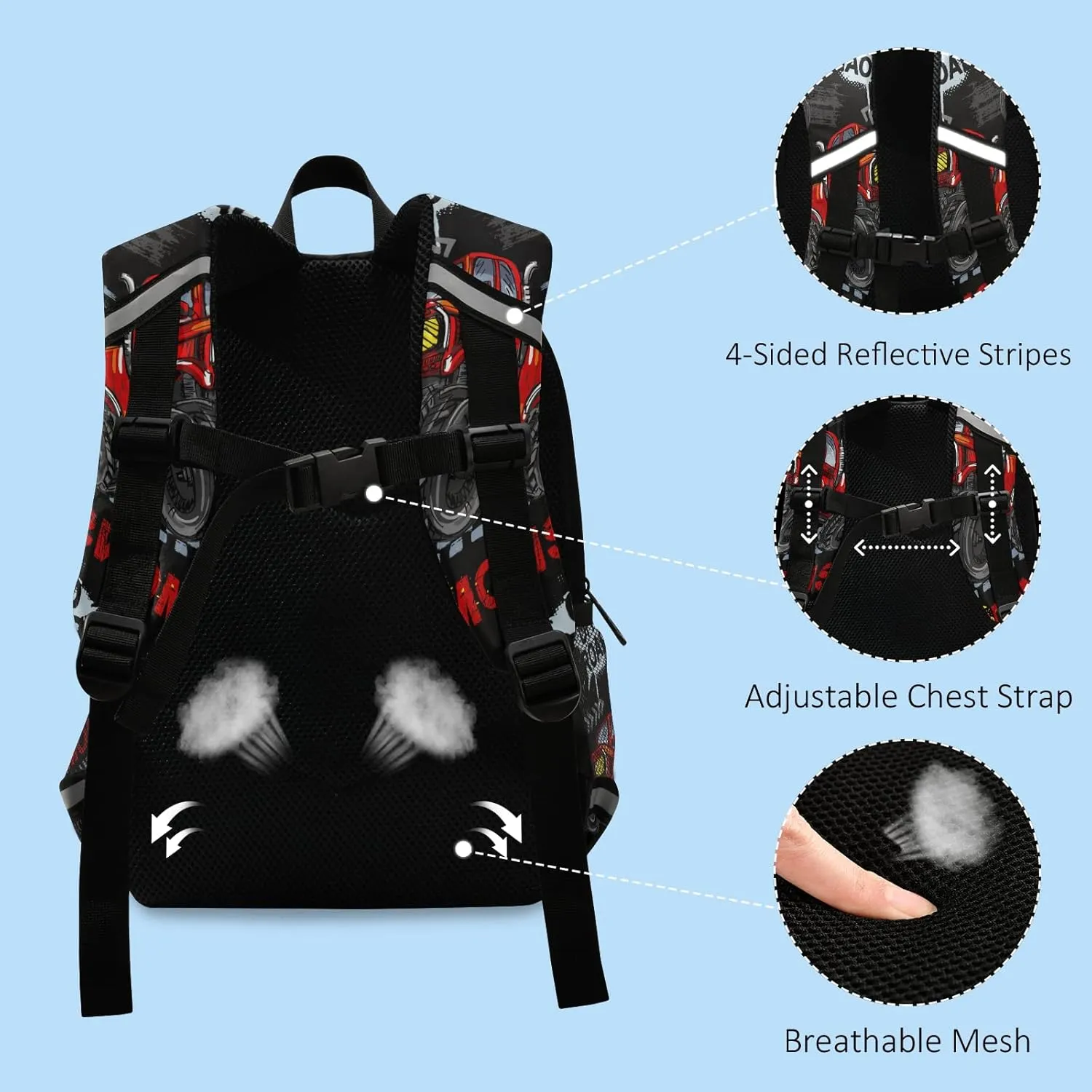 Toddler Kid's Boys Girls Backpack Red Cool Monster Truck off Road Black Bag with Safety Leash Chest Clip Nursery Travel Daycare Bag