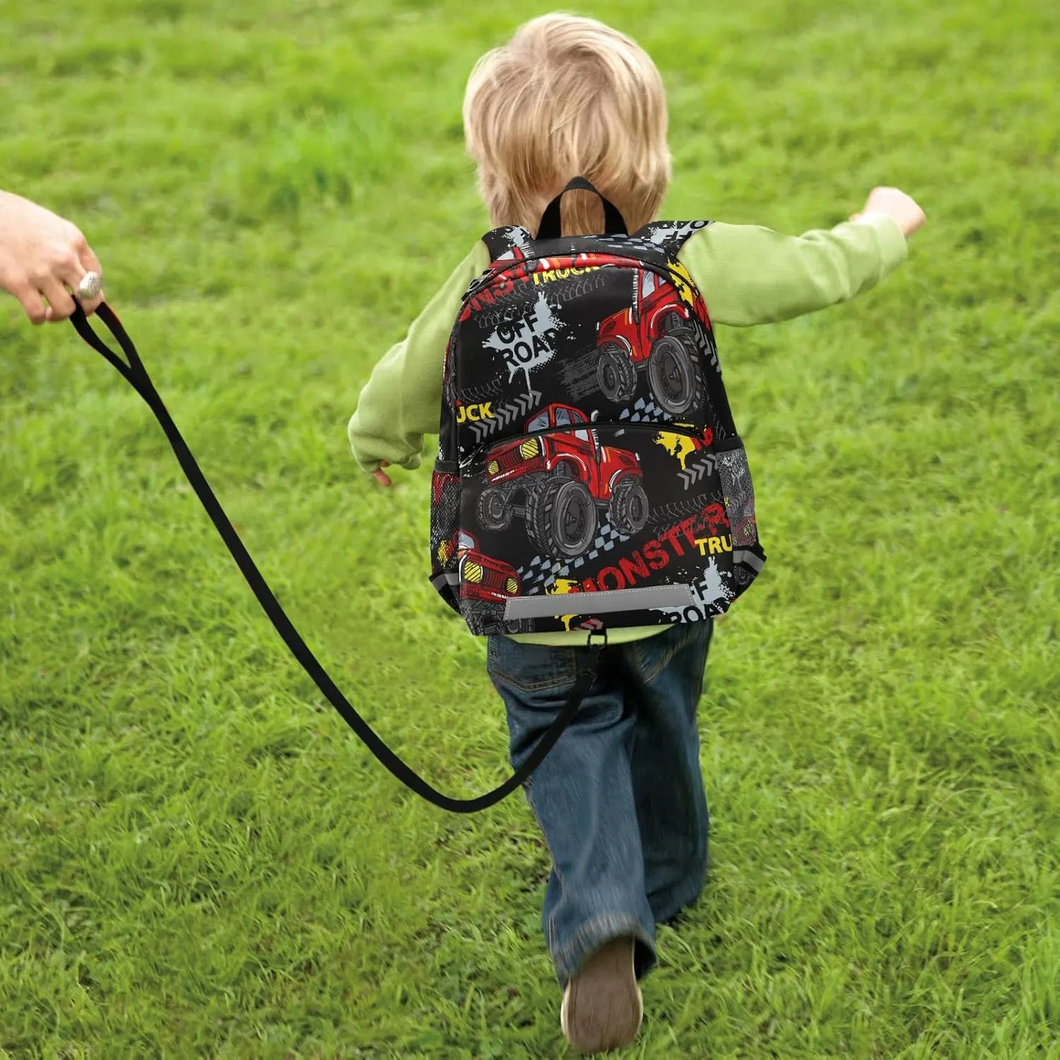 Toddler Kid's Boys Girls Backpack Red Cool Monster Truck off Road Black Bag with Safety Leash Chest Clip Nursery Travel Daycare Bag