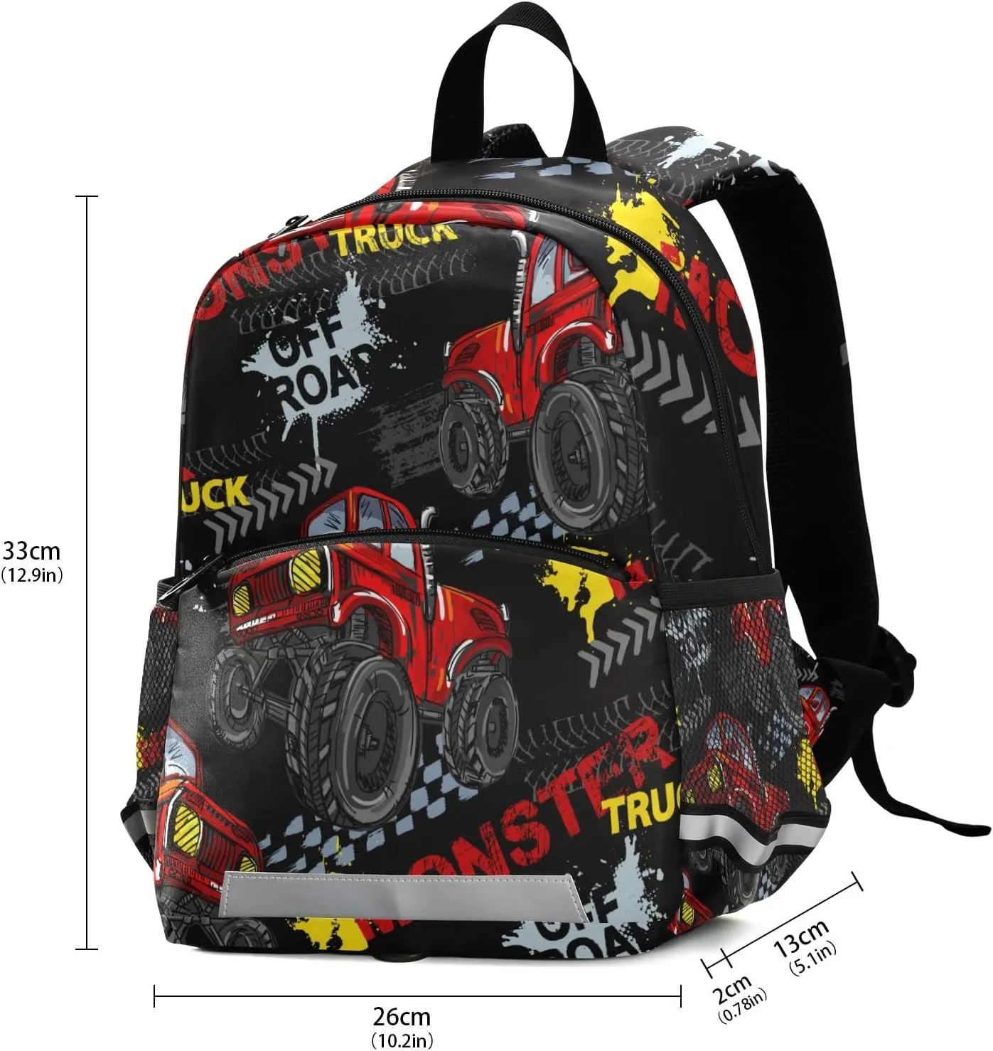 Toddler Kid's Boys Girls Backpack Red Cool Monster Truck off Road Black Bag with Safety Leash Chest Clip Nursery Travel Daycare Bag