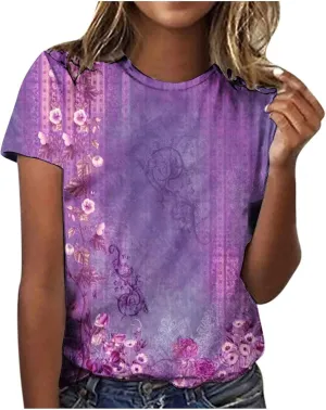 Tops for Women Trendy Casual Round Neck Short Sleeve Top Floral Print Tees Vintage Shirt Loose Lightweight Blouses