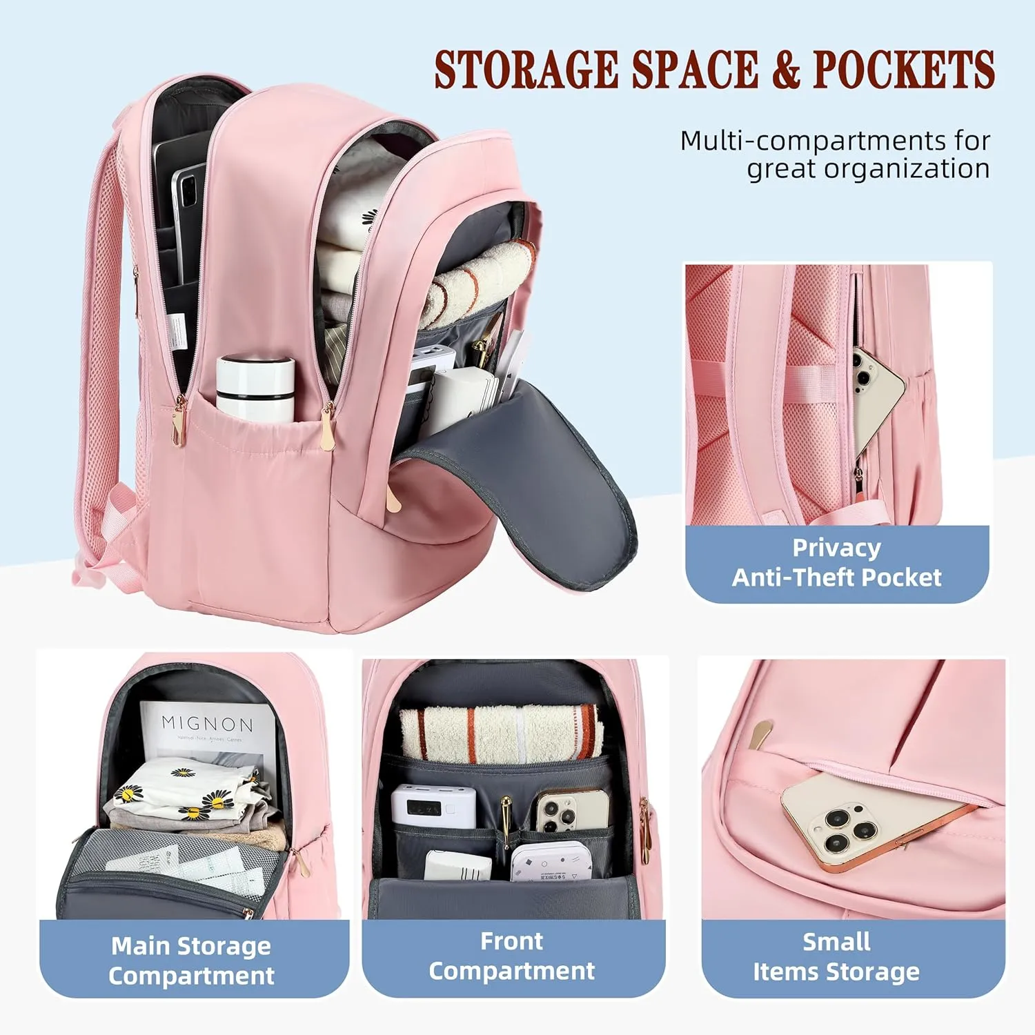 Travel Laptop Backpack for Women 15.6 Inch Computer Backpacks with USB Charging Hole Anti Theft Carry on Bag College Bookbag Large Pink Back Pack for Work Business Traveling Commuter Daypack-Pink