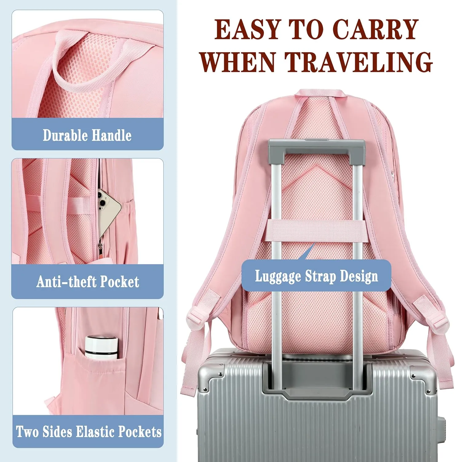 Travel Laptop Backpack for Women 15.6 Inch Computer Backpacks with USB Charging Hole Anti Theft Carry on Bag College Bookbag Large Pink Back Pack for Work Business Traveling Commuter Daypack-Pink