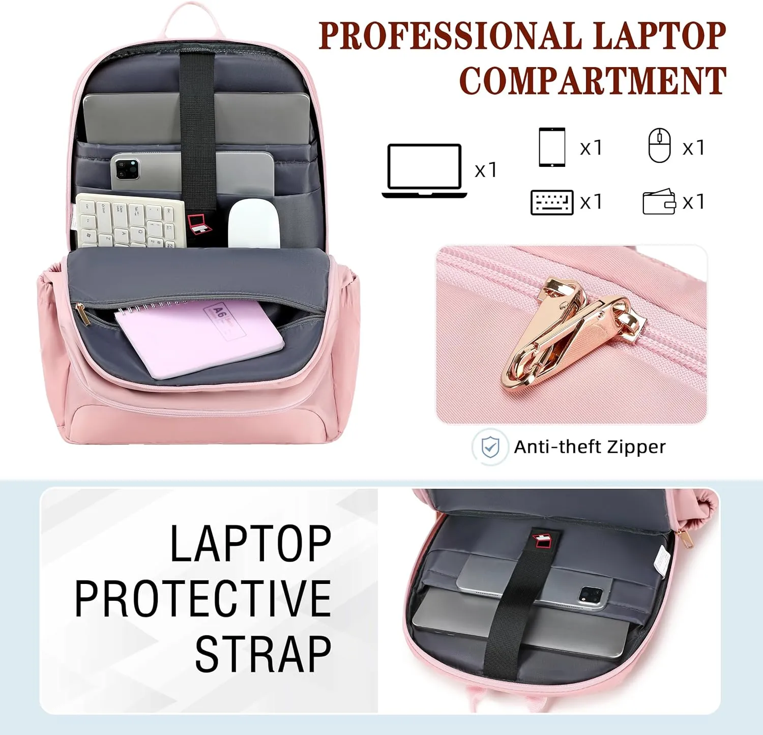 Travel Laptop Backpack for Women 15.6 Inch Computer Backpacks with USB Charging Hole Anti Theft Carry on Bag College Bookbag Large Pink Back Pack for Work Business Traveling Commuter Daypack-Pink
