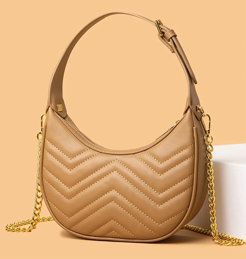 Trendy Handbags for Women Elegant Leather Shoulder Crossbody Bag Crescent Tote Top Handle Purse Satchel with Chain