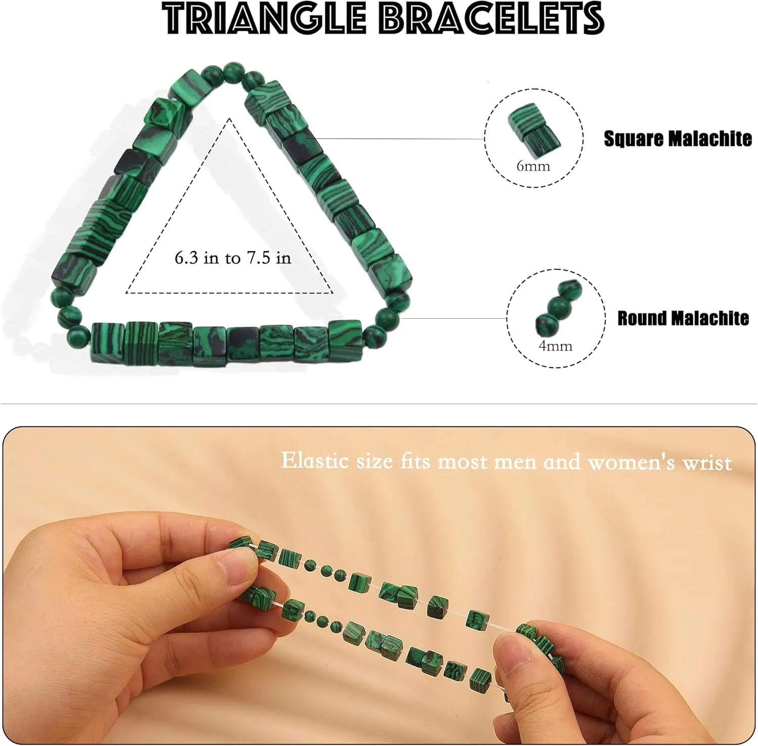 Triangle Beads Bracelets for Women and Men - 6mm Natural Stone Crystal Gemstone Square Beads Stretch Bracelet for Unisex Adult