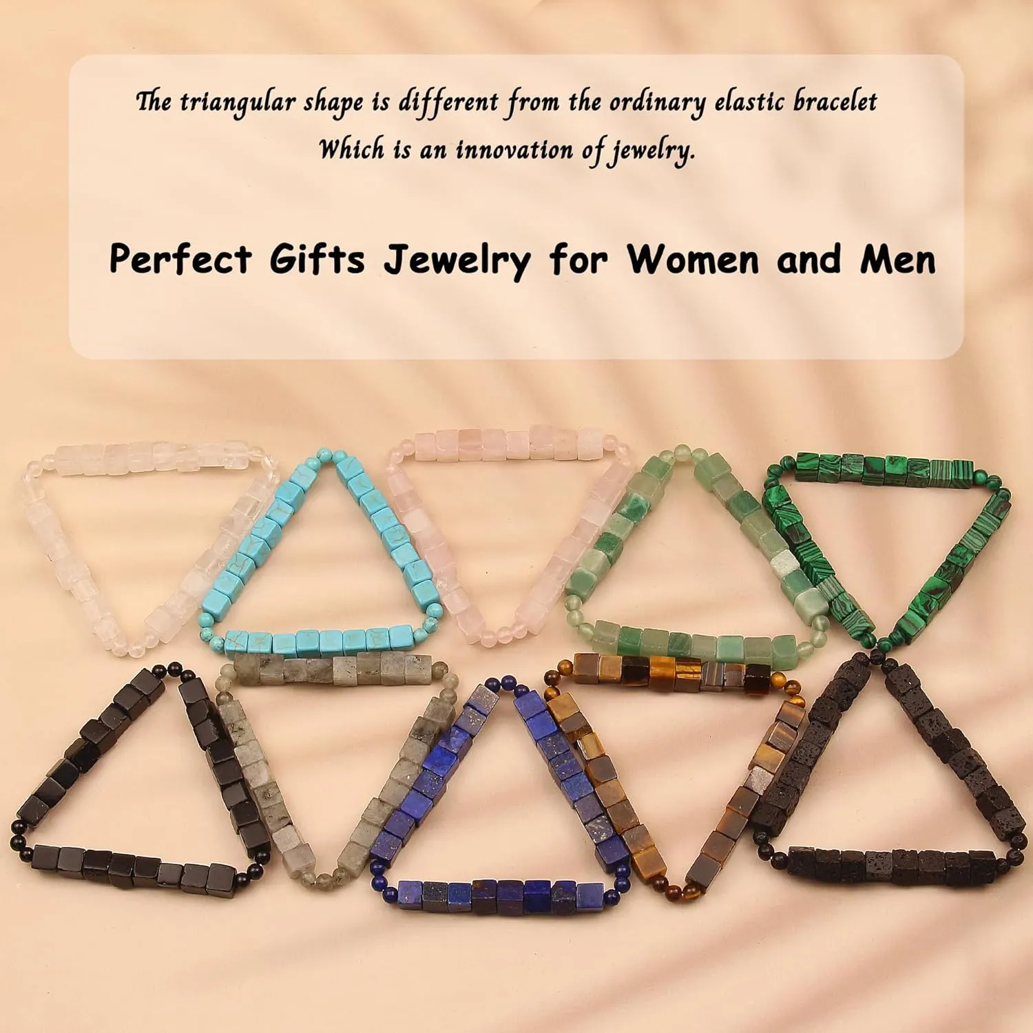 Triangle Beads Bracelets for Women and Men - 6mm Natural Stone Crystal Gemstone Square Beads Stretch Bracelet for Unisex Adult