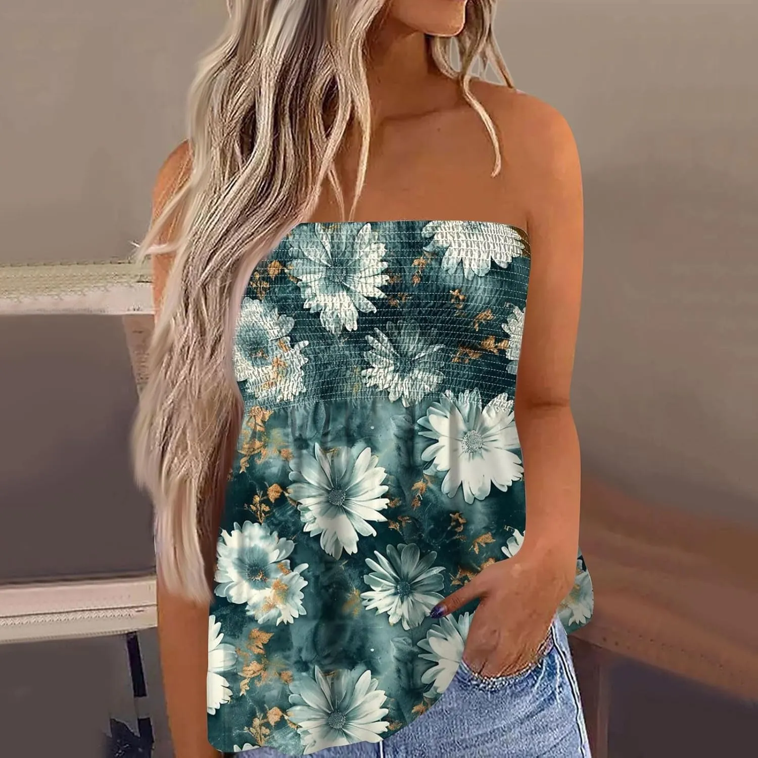 Tube Tops for Women Strapless Elastic Trim Vintage Tanks Backless Sexy Casual Bandeau Sleeveless Shirts