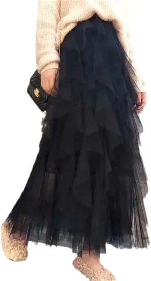 Tulle Long Maxi Women's Skirt Korean Cute Pink High Waist Pleated Female Lady Aesthetic