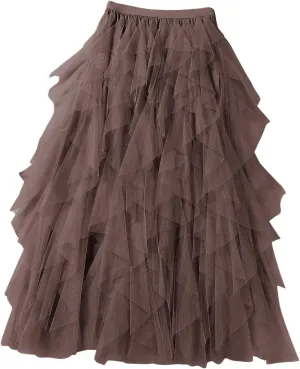 Tulle Maxi Skirts for Women 2025 Summer Vacation High Waisted Pleated Tiered Flowy Asymmetrical Long Skirt