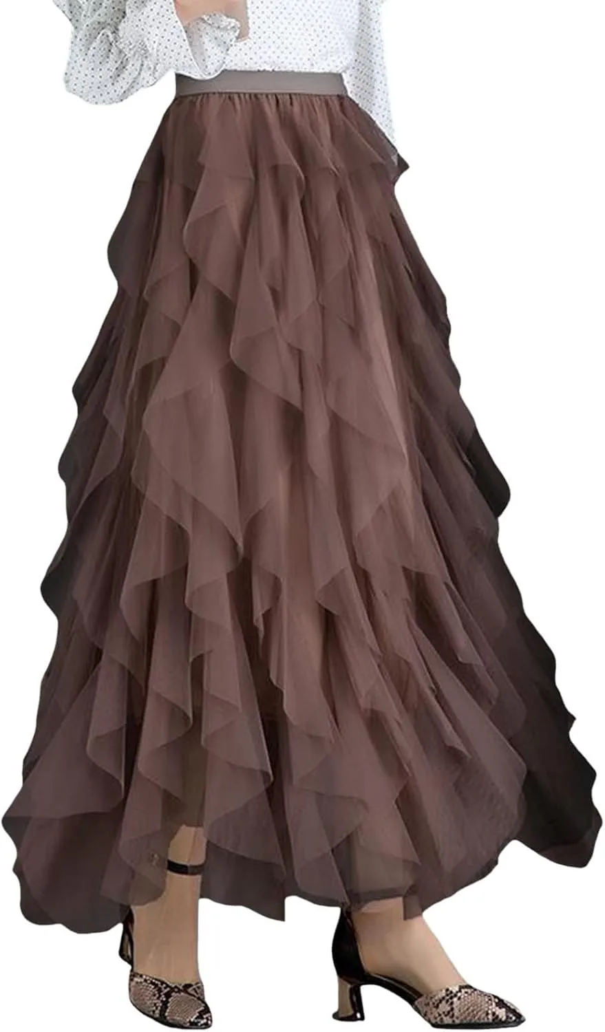 Tulle Maxi Skirts for Women 2025 Summer Vacation High Waisted Pleated Tiered Flowy Asymmetrical Long Skirt