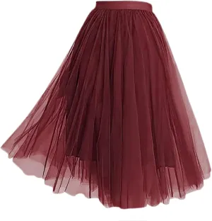 Tulle Midi Skirts for Women 2025 Summer Elastic High Waisted Swing A-Line Tiered Pleated Skirt