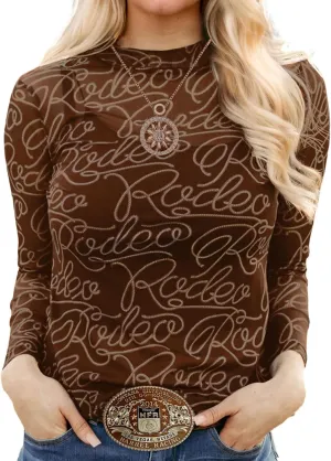 Urchics Womens Mock Neck Mesh Tops Western T Shirts Long Sleeve Layering Tops See Through Trendy Outfits Going Out Tops