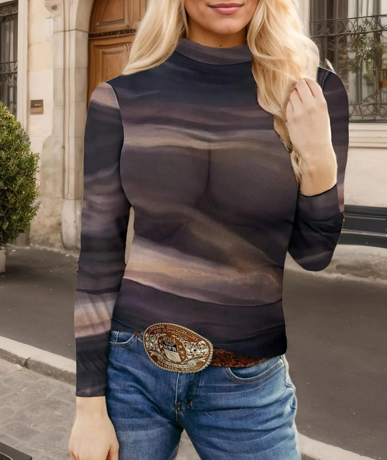 Urchics Womens Mock Neck Mesh Tops Western T Shirts Long Sleeve Layering Tops See Through Trendy Outfits Going Out Tops