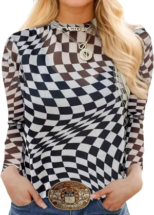 Urchics Womens Mock Neck Mesh Tops Western T Shirts Long Sleeve Layering Tops See Through Trendy Outfits Going Out Tops