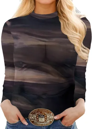 Urchics Womens Mock Neck Mesh Tops Western T Shirts Long Sleeve Layering Tops See Through Trendy Outfits Going Out Tops