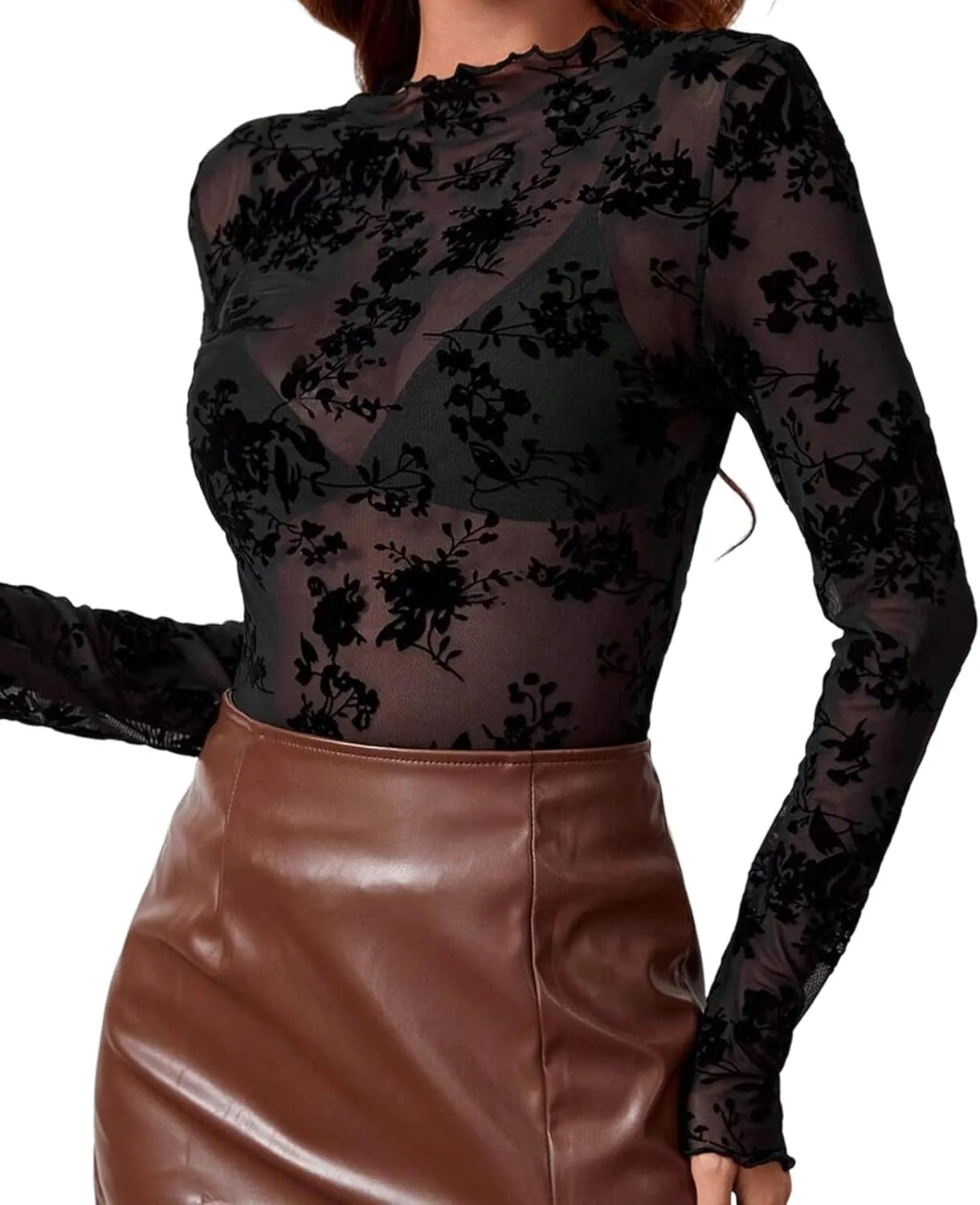 Urchics Womens Mock Neck Mesh Tops Western T Shirts Long Sleeve Layering Tops See Through Trendy Outfits Going Out Tops