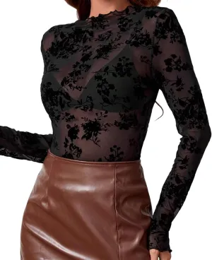 Urchics Womens Mock Neck Mesh Tops Western T Shirts Long Sleeve Layering Tops See Through Trendy Outfits Going Out Tops