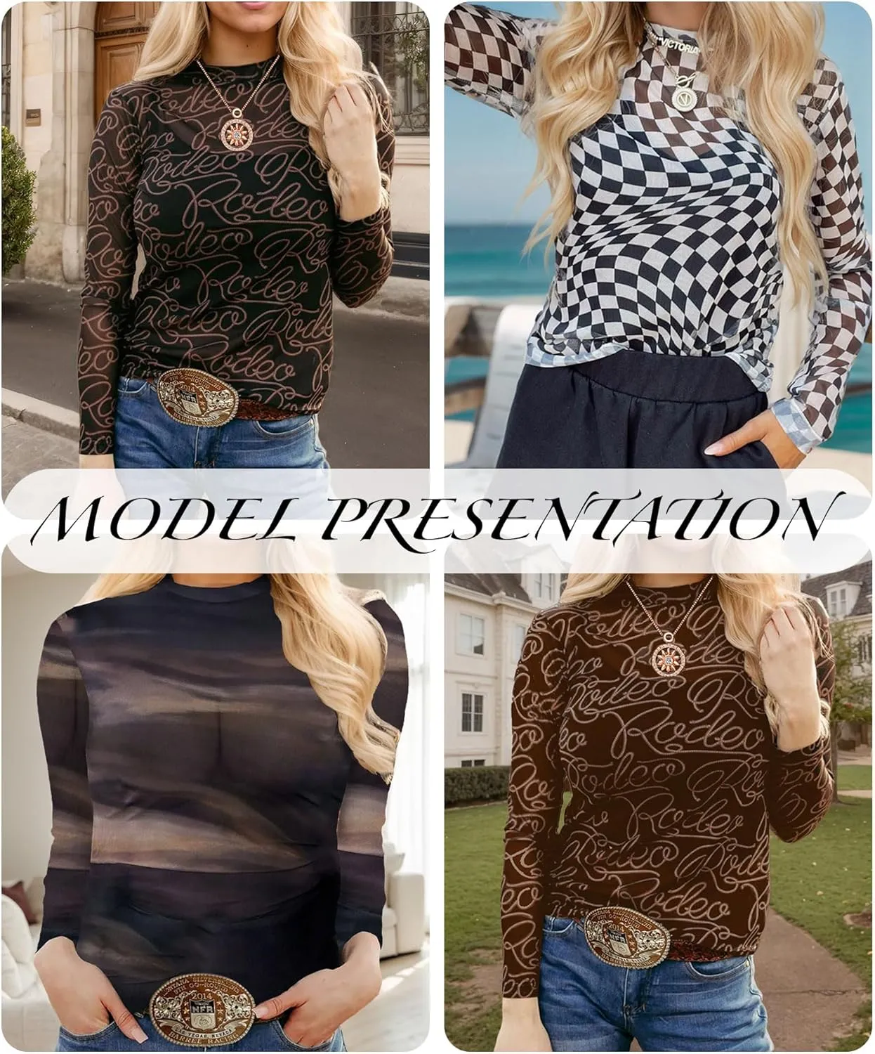 Urchics Womens Mock Neck Mesh Tops Western T Shirts Long Sleeve Layering Tops See Through Trendy Outfits Going Out Tops
