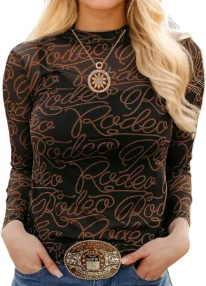 Urchics Womens Mock Neck Mesh Tops Western T Shirts Long Sleeve Layering Tops See Through Trendy Outfits Going Out Tops