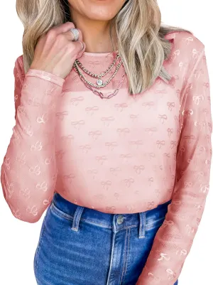 Urchics Womens Mock Neck Mesh Tops Western T Shirts Long Sleeve Layering Tops See Through Trendy Outfits Going Out Tops