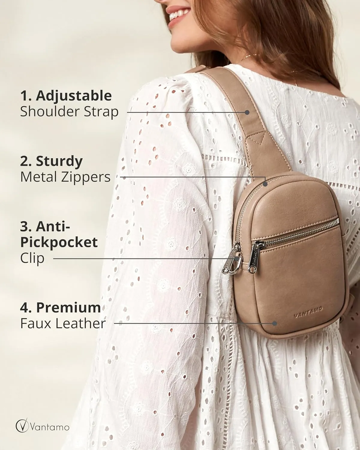 Vantamo Small Crossbody Bags for Women, Sling Bag with RFID & Anti-Pickpocket Clip, Adjustable Strap Cross Body Packs