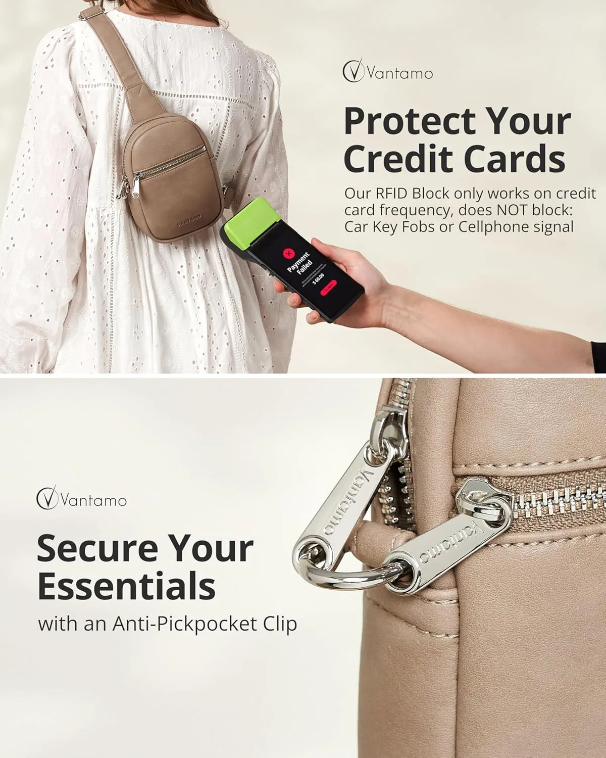 Vantamo Small Crossbody Bags for Women, Sling Bag with RFID & Anti-Pickpocket Clip, Adjustable Strap Cross Body Packs