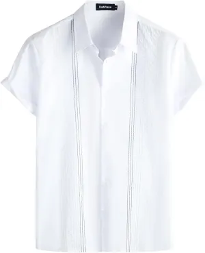 VATPAVE Mens Hawaiian Cotton Linen Shirts Casual Short Sleeve Button Down Shirts Summer Beach Embroidered Shirts