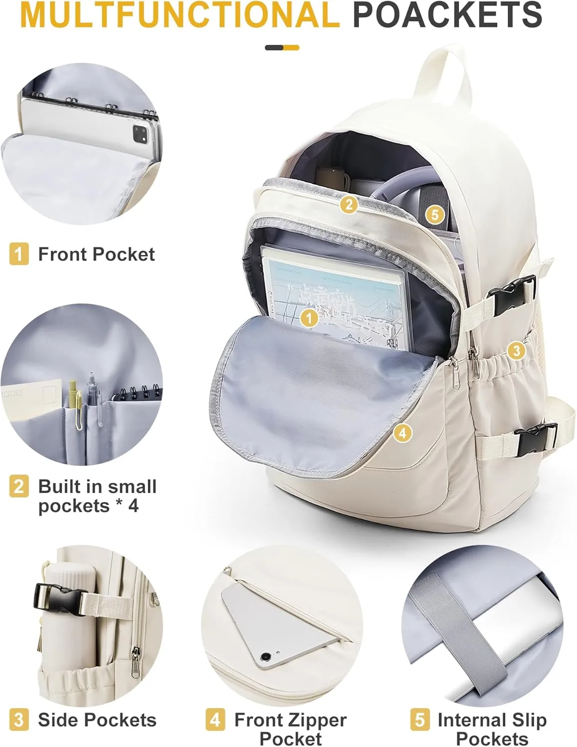 VECAVE Lightweight Backpack for Women Men, Travel Casual Daypack Laptop Rucksack, Waterproof College High Secondary Bookbag Daily Bag, Beige.