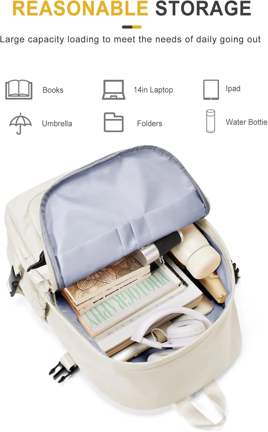 VECAVE Lightweight Backpack for Women Men, Travel Casual Daypack Laptop Rucksack, Waterproof College High Secondary Bookbag Daily Bag, Beige.