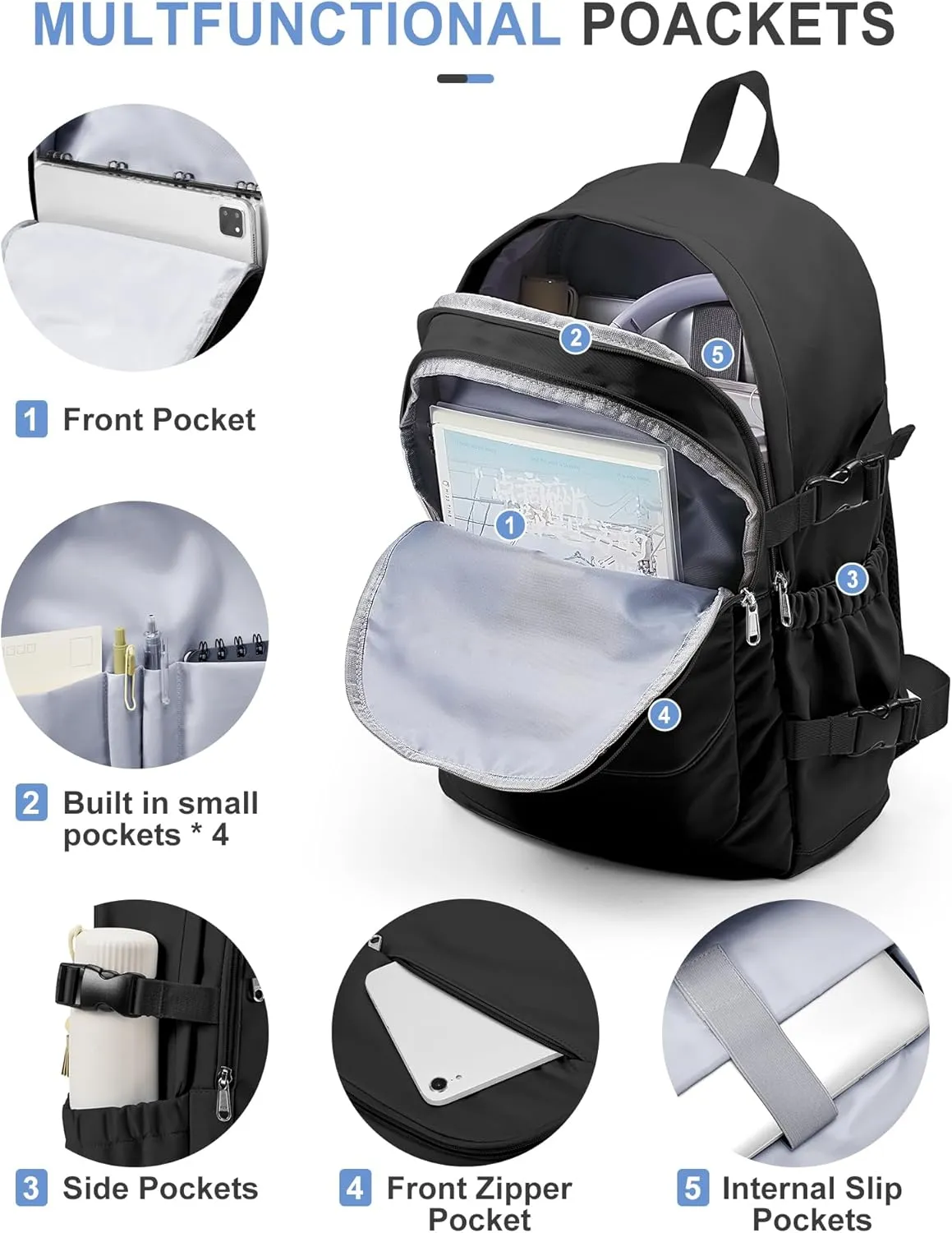 VECAVE Lightweight Backpack for Women Men, Travel Casual Daypack Laptop Rucksack, Waterproof College High Secondary Bookbag Daily Bag, Black.