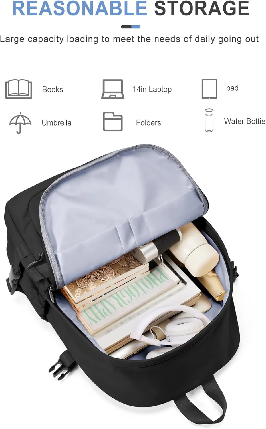 VECAVE Lightweight Backpack for Women Men, Travel Casual Daypack Laptop Rucksack, Waterproof College High Secondary Bookbag Daily Bag, Black.