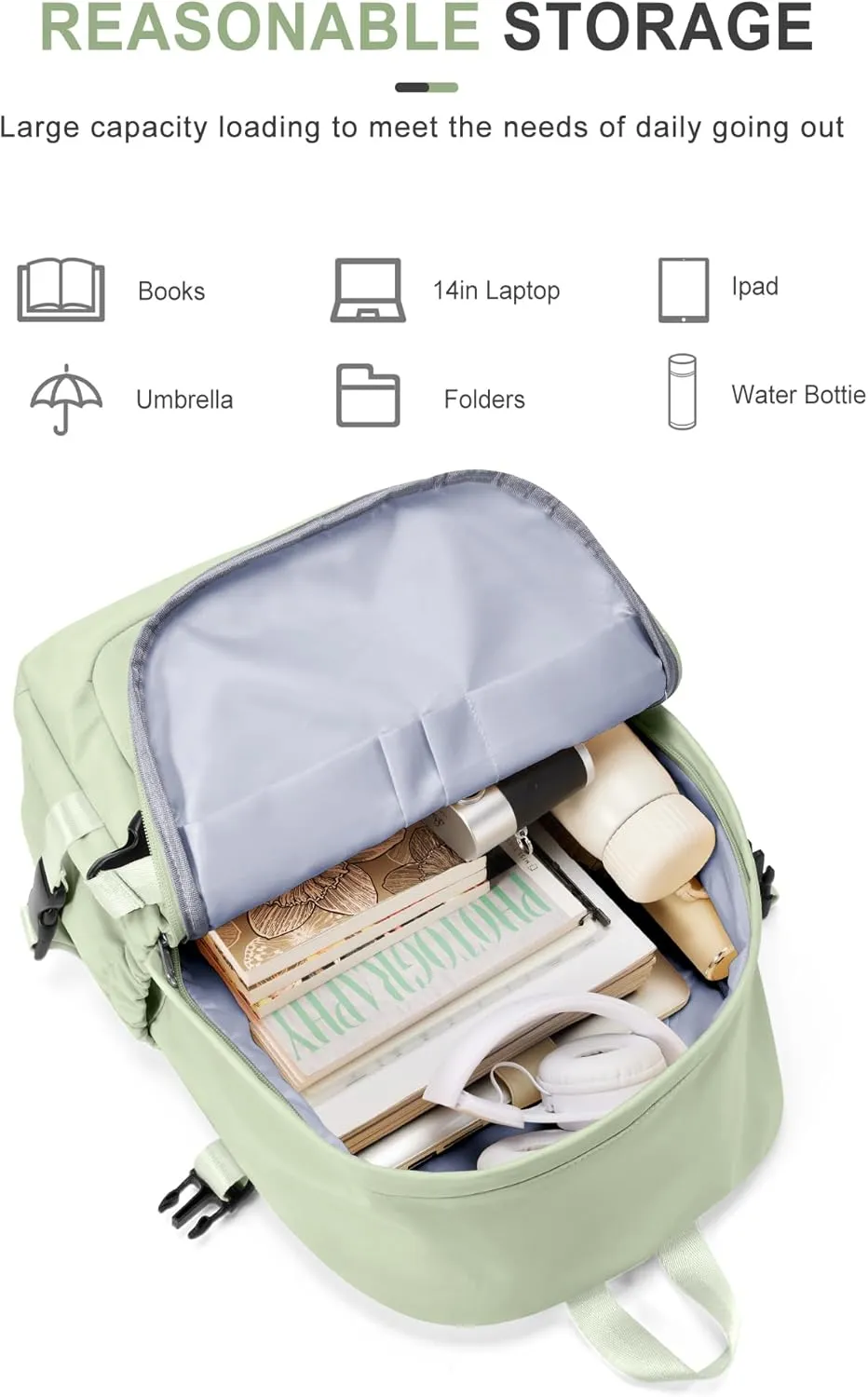 VECAVE Lightweight Backpack for Women Men, Travel Casual Daypack Laptop Rucksack, Waterproof College High Secondary Bookbag Daily Bag, Green.