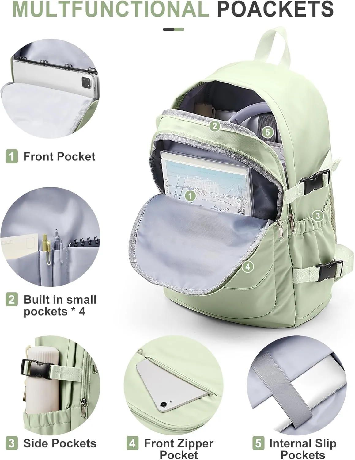 VECAVE Lightweight Backpack for Women Men, Travel Casual Daypack Laptop Rucksack, Waterproof College High Secondary Bookbag Daily Bag, Green.