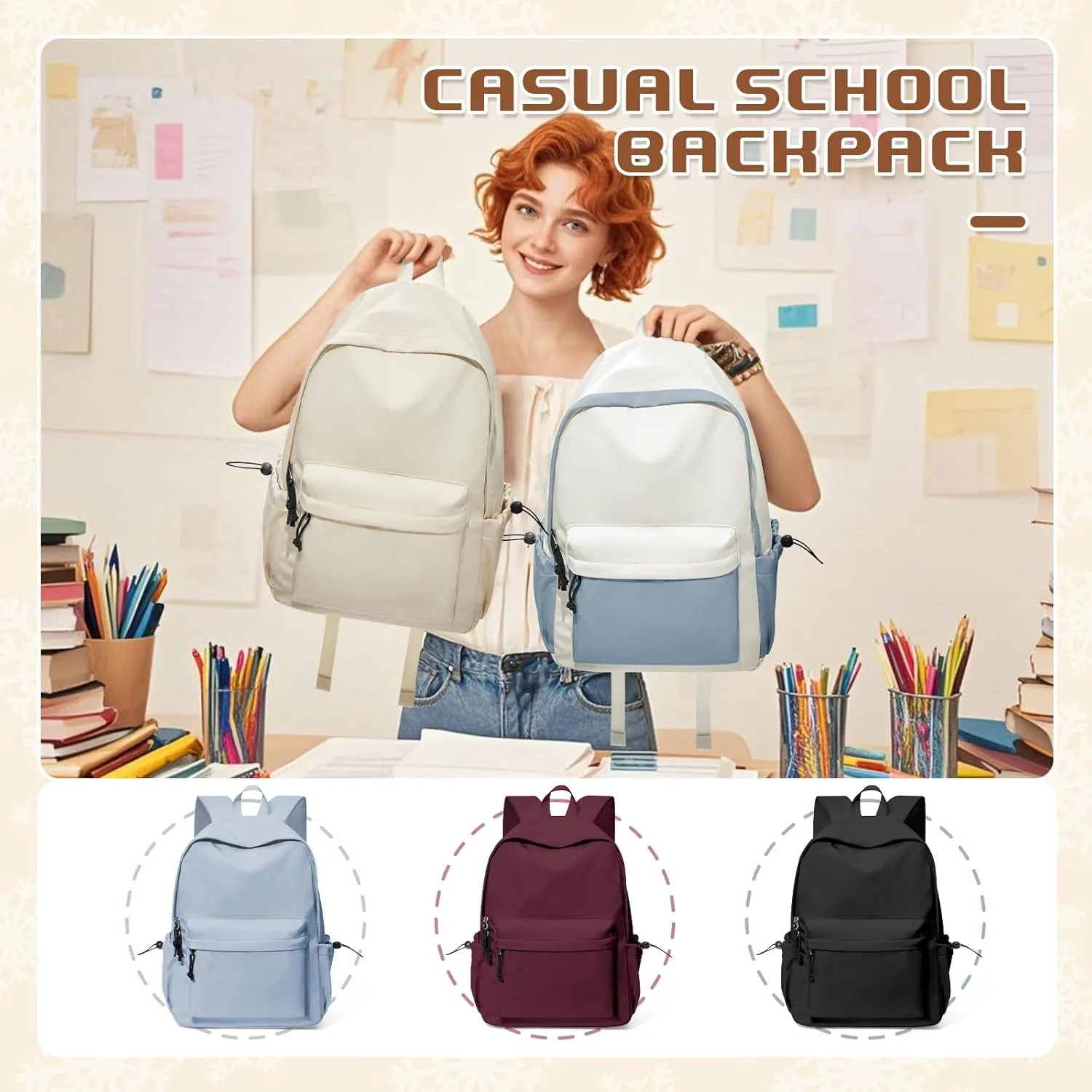 VECAVE School Backpack Beige Waterproof Bookbag Casual Lightweight Travel Rucksack Daypack Backpacks for Men Women College High School Bags backpack for Boys Girls Teens