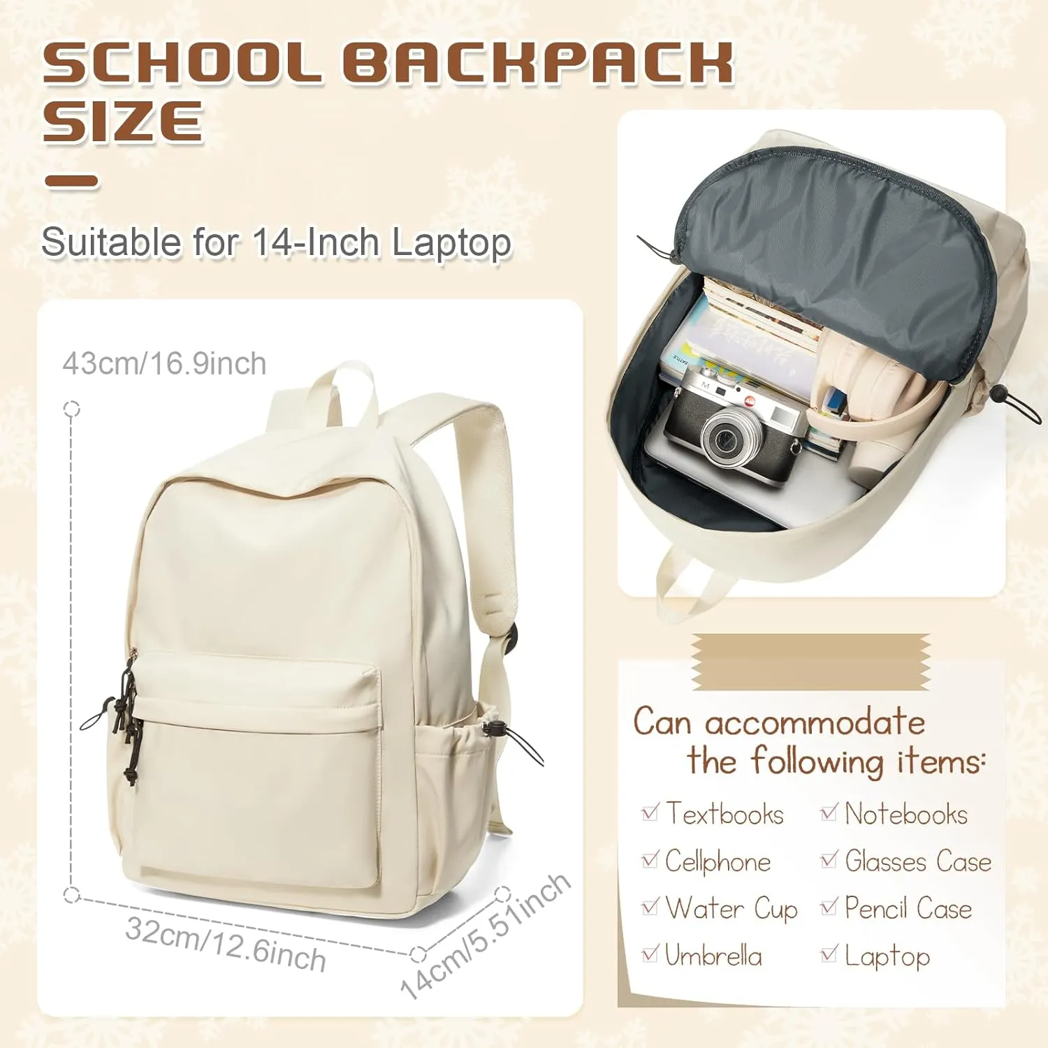 VECAVE School Backpack Beige Waterproof Bookbag Casual Lightweight Travel Rucksack Daypack Backpacks for Men Women College High School Bags backpack for Boys Girls Teens