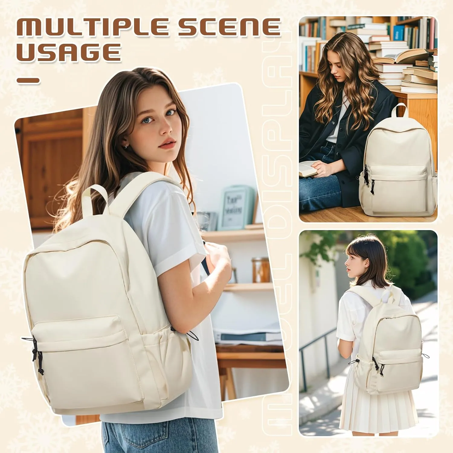 VECAVE School Backpack Beige Waterproof Bookbag Casual Lightweight Travel Rucksack Daypack Backpacks for Men Women College High School Bags backpack for Boys Girls Teens