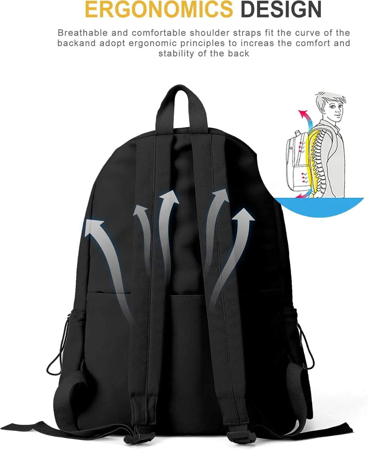 VECAVE School Backpack Black Waterproof Bookbag Casual Lightweight Travel Rucksack Daypack Backpacks for Men Women College High School Bags backpack for Boys Girls Teens